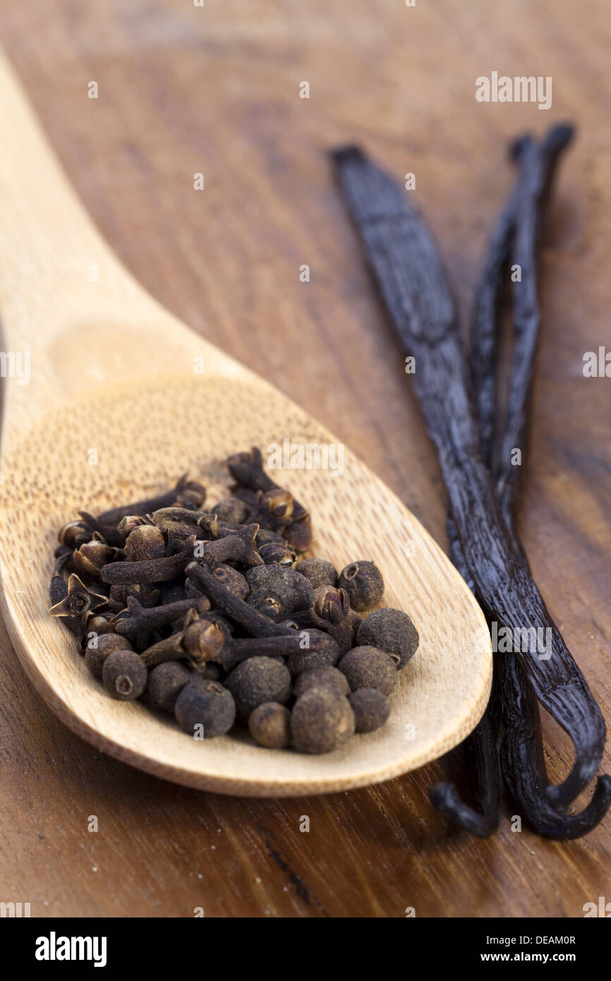 Cloves and Pimento Spices on a wooden Spoon with Vanilla Beans beside