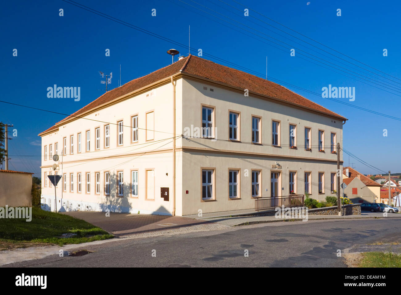 Former school from 1890, now apartment building, Mikulovice, Znojmo district, South Moravia region, Czech Republic, Europe Stock Photo