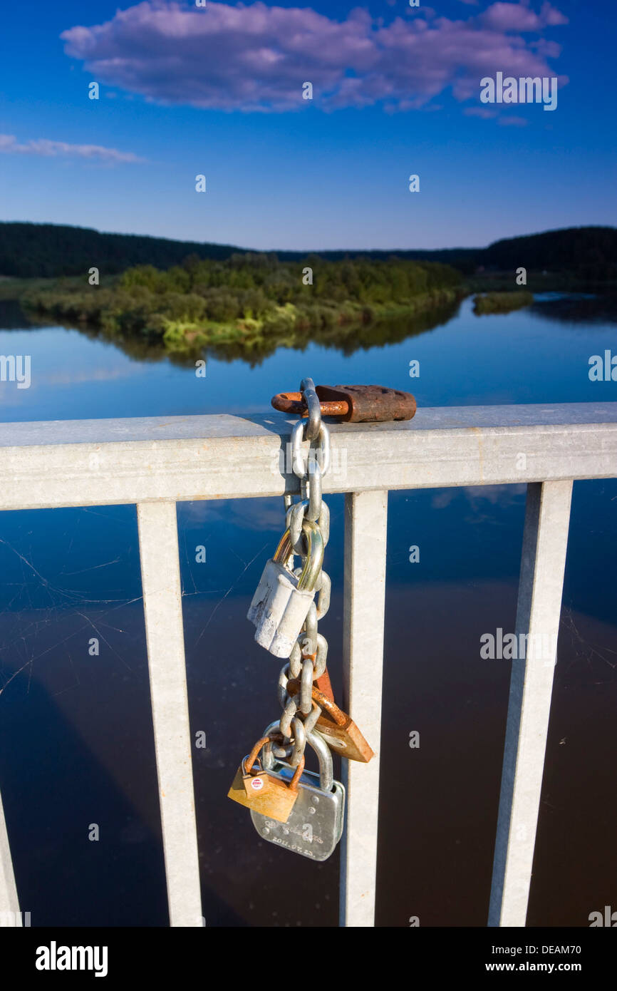 Padlocks on a bridge in Merkine, Lithuania, Europe Stock Photo