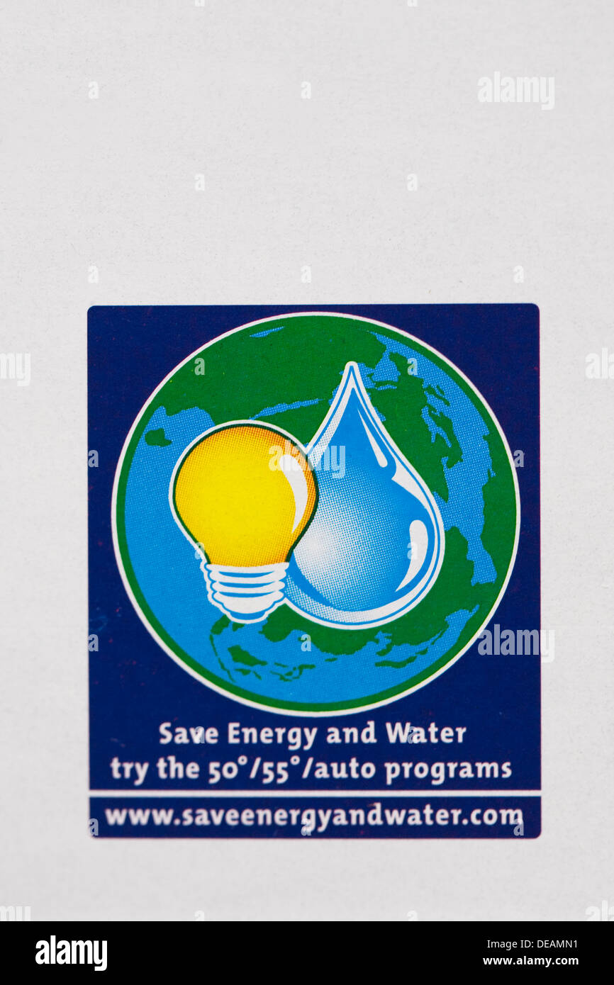 Save energy and water logo on a pack of washing powder. Stock Photo