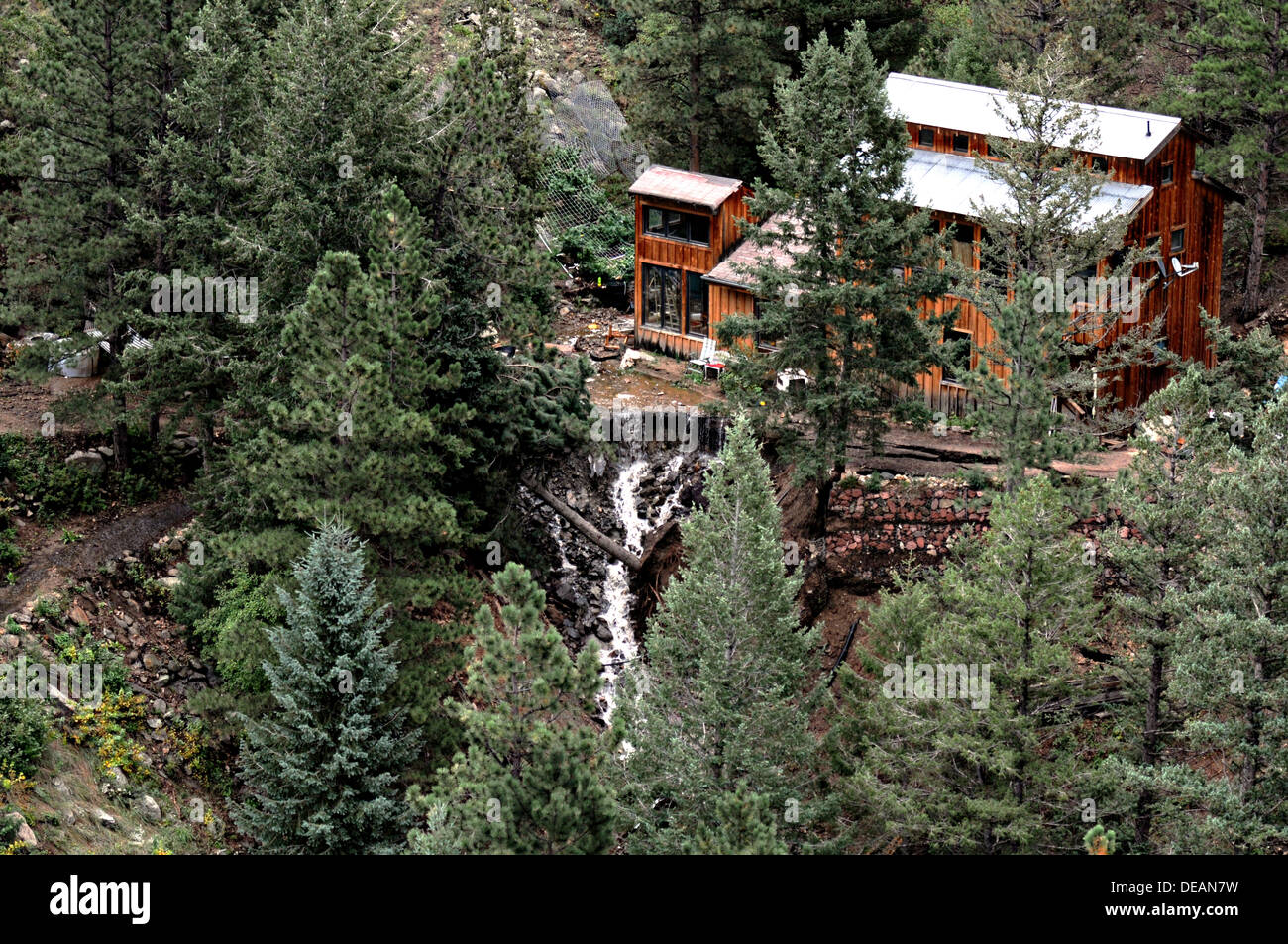 Aerial view of homes washed out following severe flooding September 14, 2013 in Jamestown, Colorado. Stock Photo