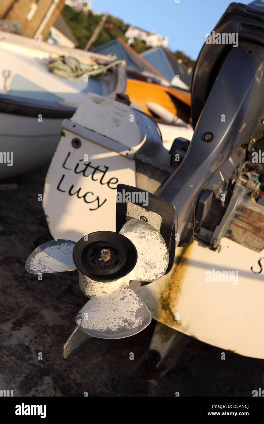 Propeller on marine outboard engine motor boat in Cornwall England UK