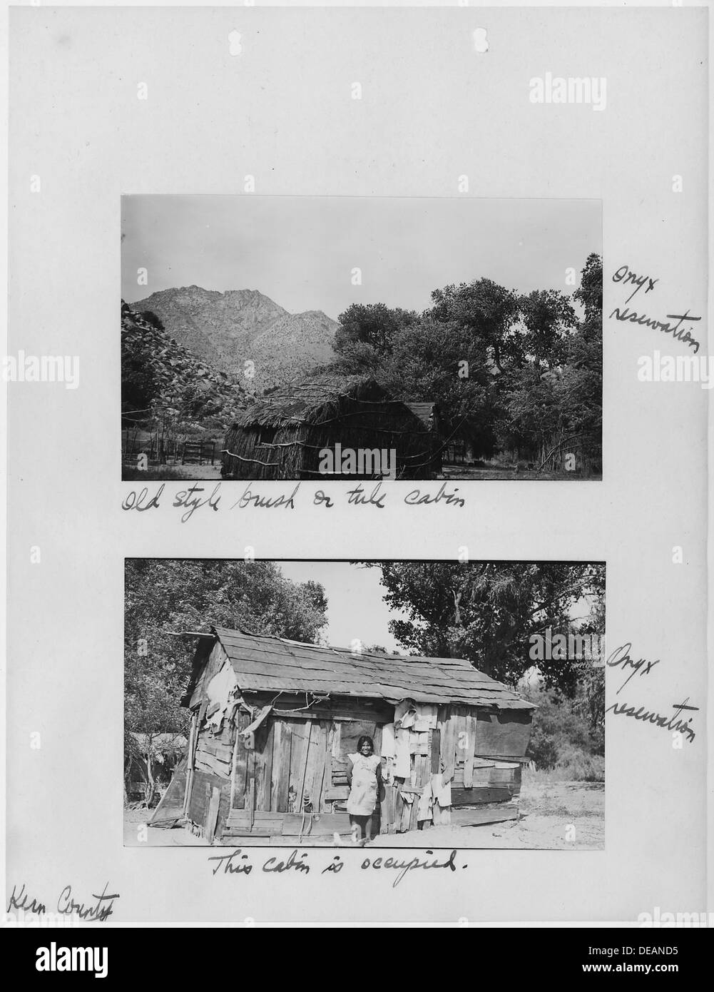 Photographs, with captions, of cabins at Onyx reservation, Kern County