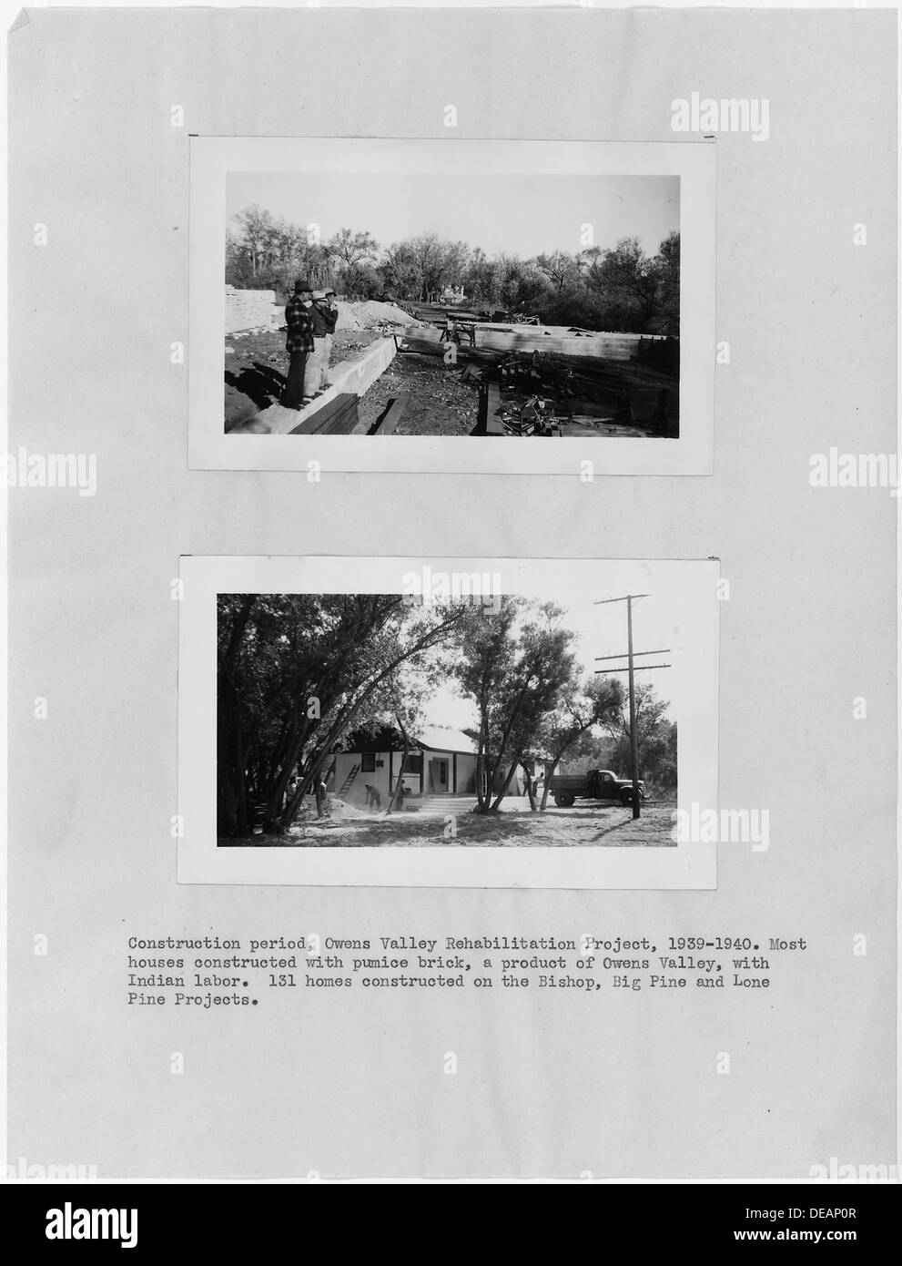 Photographs with text of homes of Native Americans living in Owens Valley, California, during rehabilitation project 296233 Stock Photo