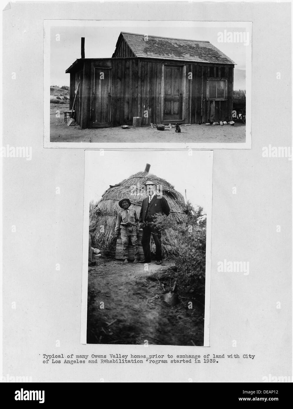 Photographs with text of homes of Native Americans living in Owens Valley, California, prior to rehabilitation 296232 Stock Photo