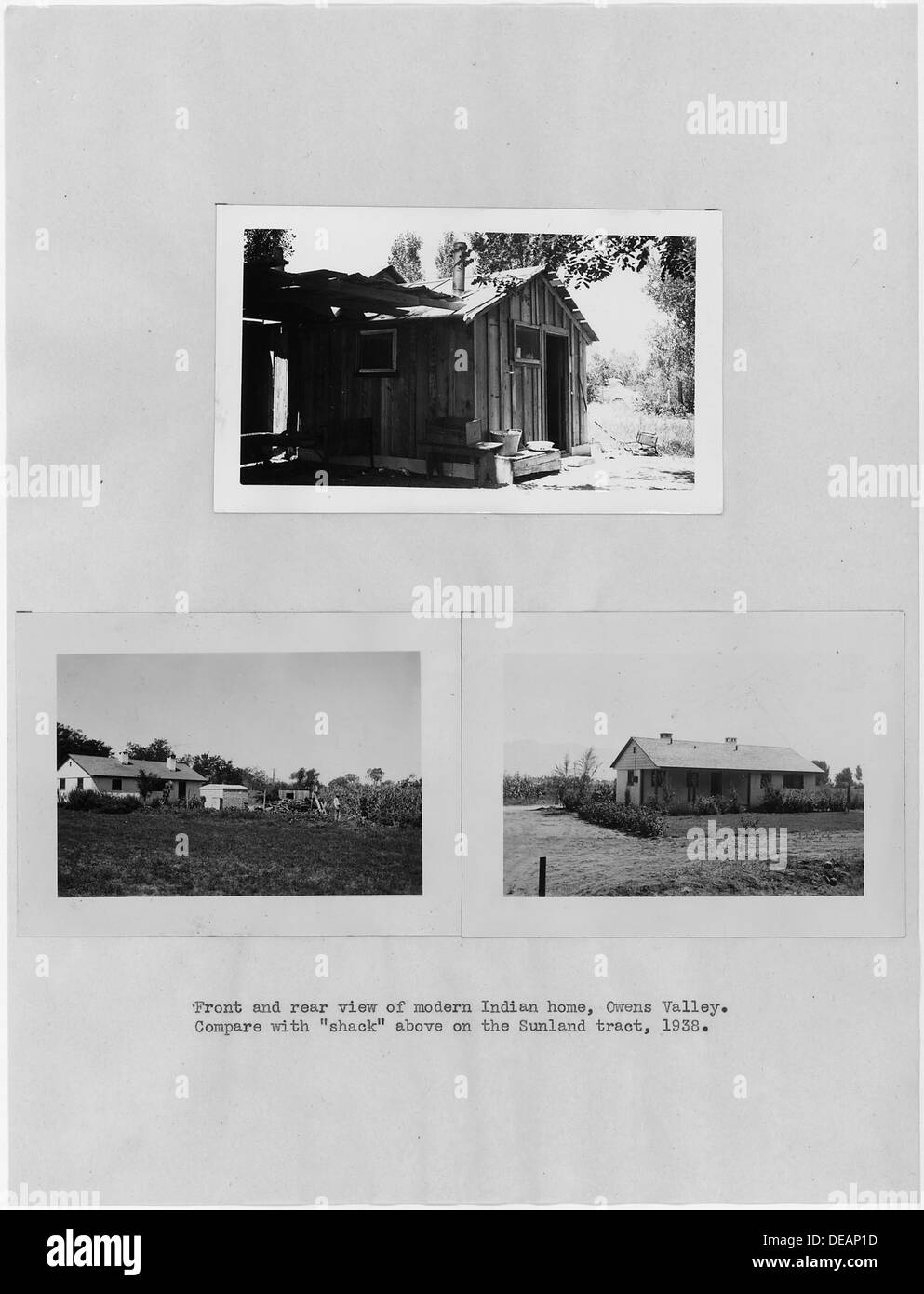 Photographs with text of homes of Native Americans living in Owens Valley, California, showing modern home compared 296234 Stock Photo