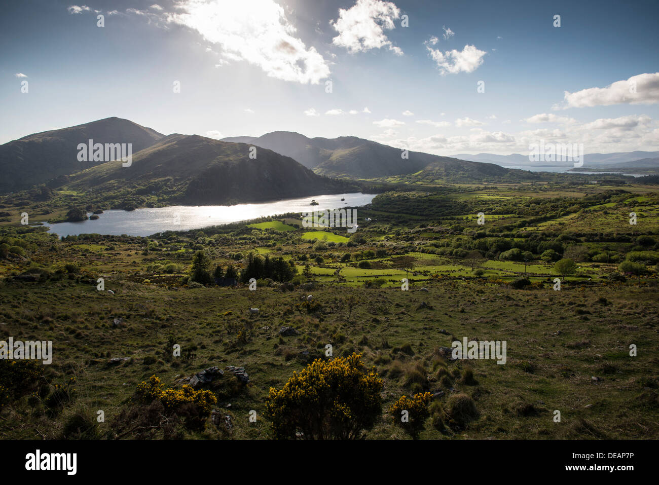 Hills and lakes area at Healy Pass, Lackabane and Glanmore Lake, County Cork, Republic of Ireland, Europe Stock Photo