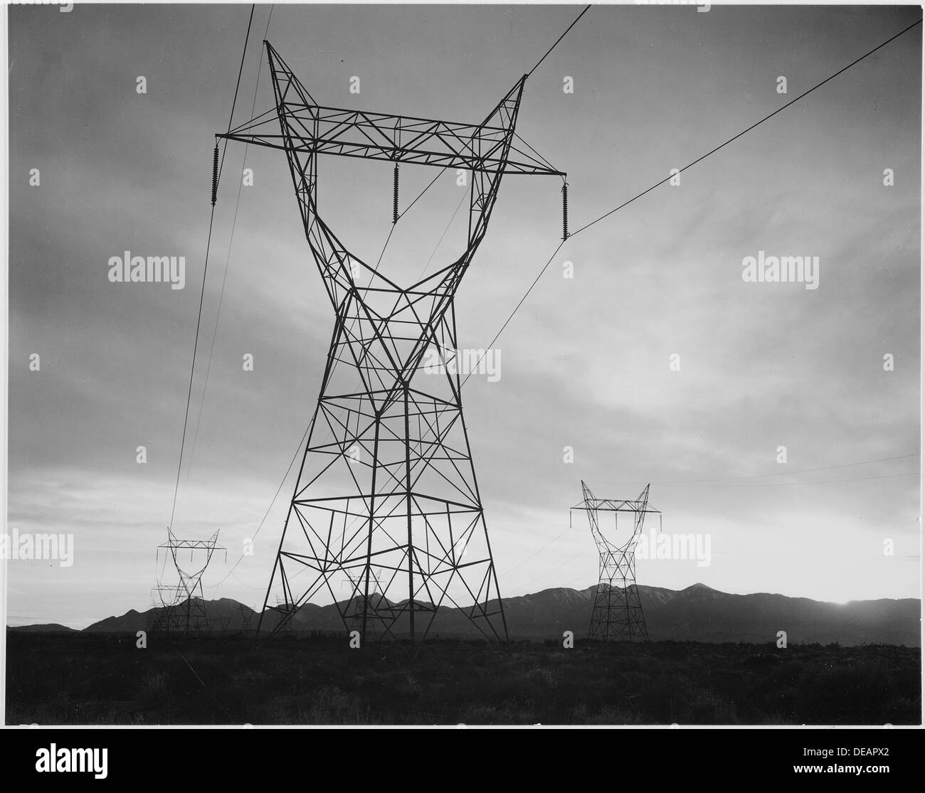 Photograph of Transmission Lines in Mojave Desert Leading from Boulder Dam, 1941 519839 Stock Photo