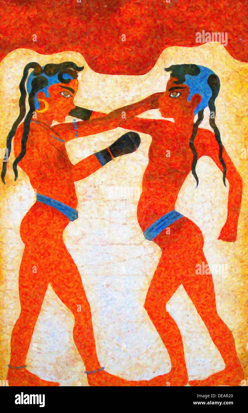 A digital painting of an ancient fresco of two boys boxing taken from the ruins of akrotiri on the greek island of santorini Stock Photo