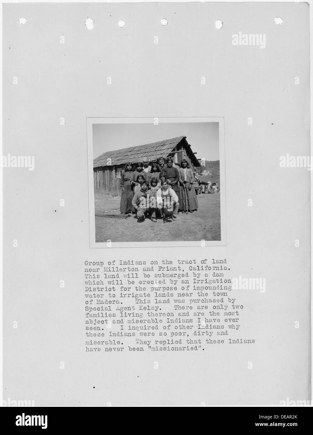 Photograph with text of group of Native Americans on land that will be submerged by a dam near Millerton and Friant 296302 Stock Photo