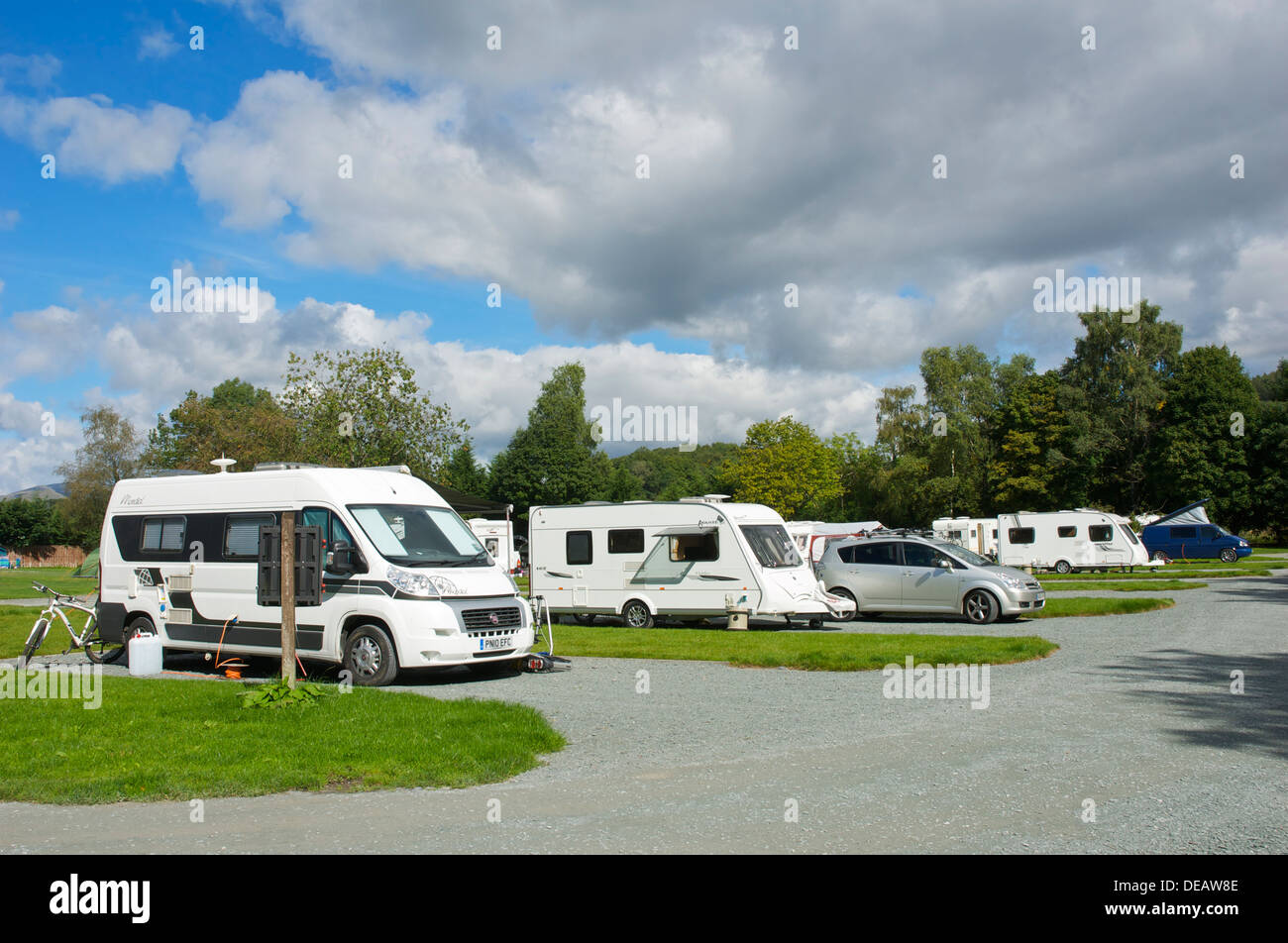 Motorhomes and caravans in the Croft Campsite, Hawkshead, Lake District