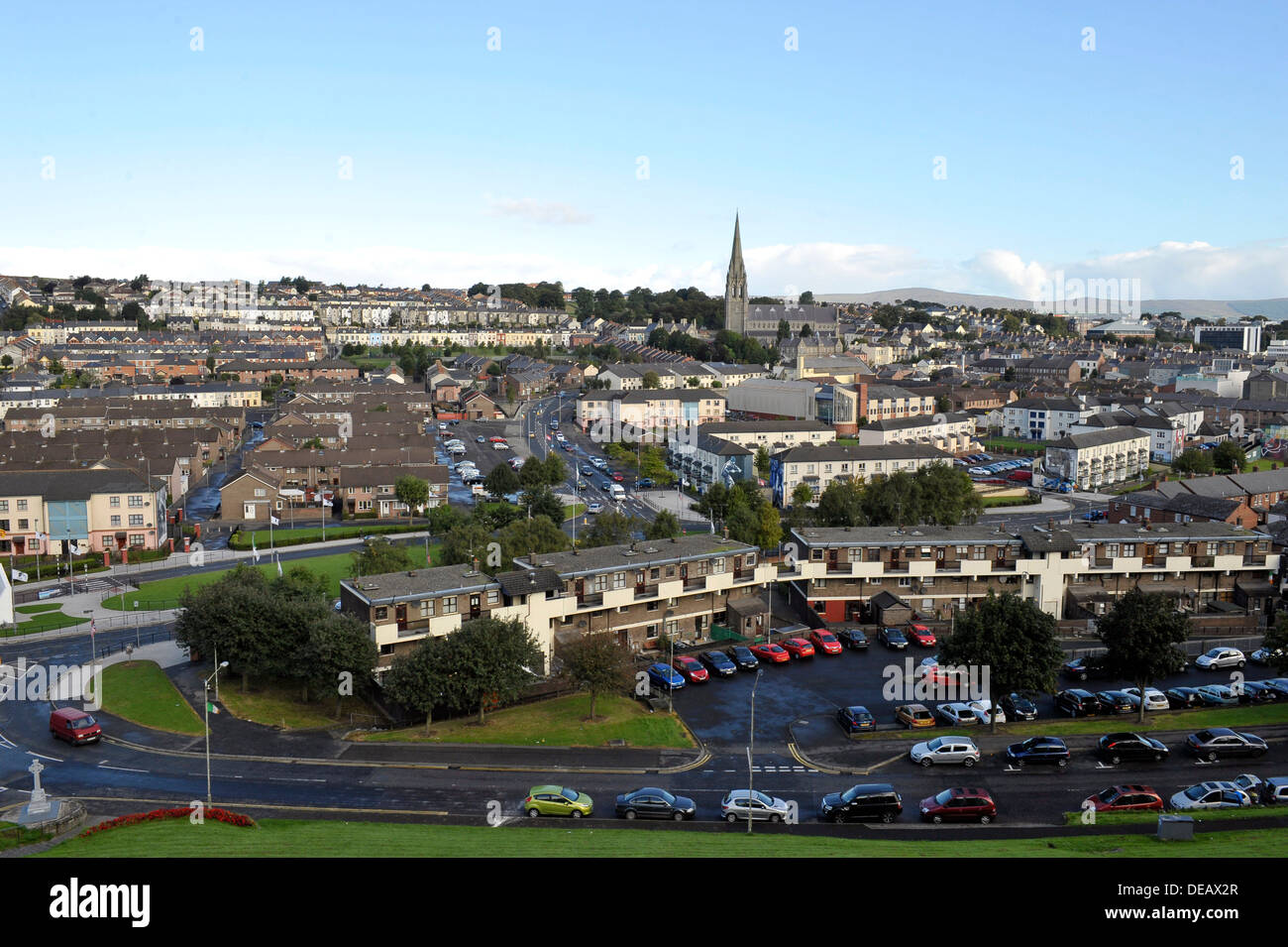 The nationalist Bogside, and Saint Eugunes Roman Catholic cathedral.Derry, Londonderry, Northern Ireland, UK Stock Photo