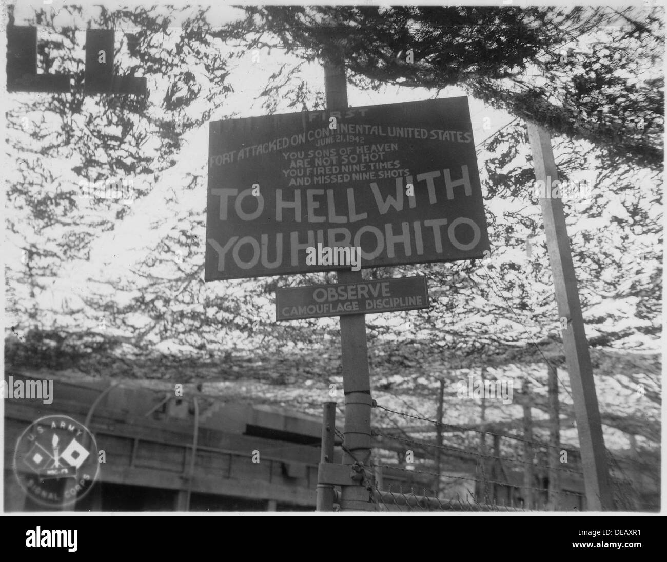 Sign post at Battery Russell in definance of Japanese shelling on 21