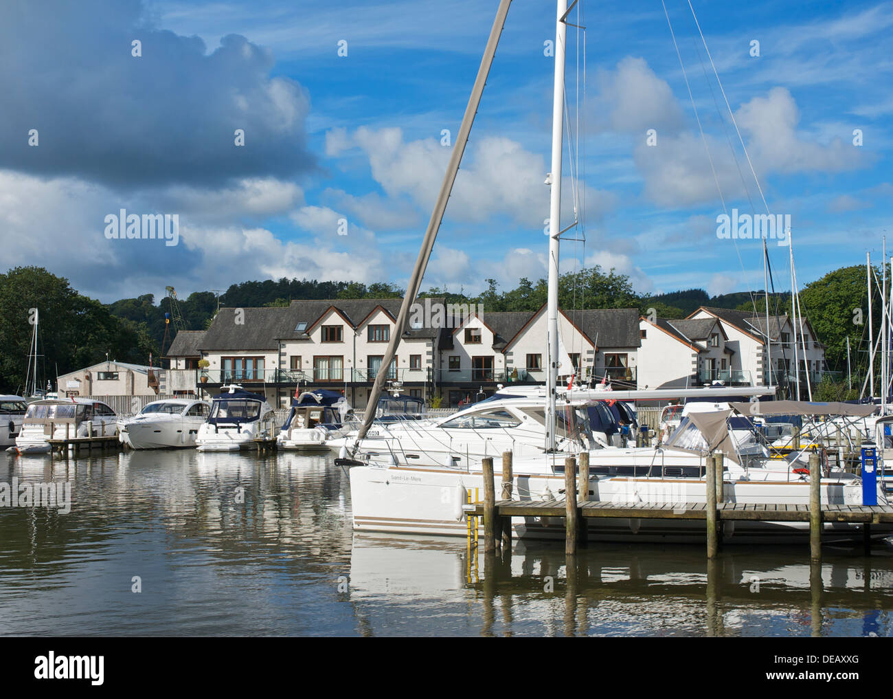 Boats moored in Windermere Marina Village, Lake Windermere, near