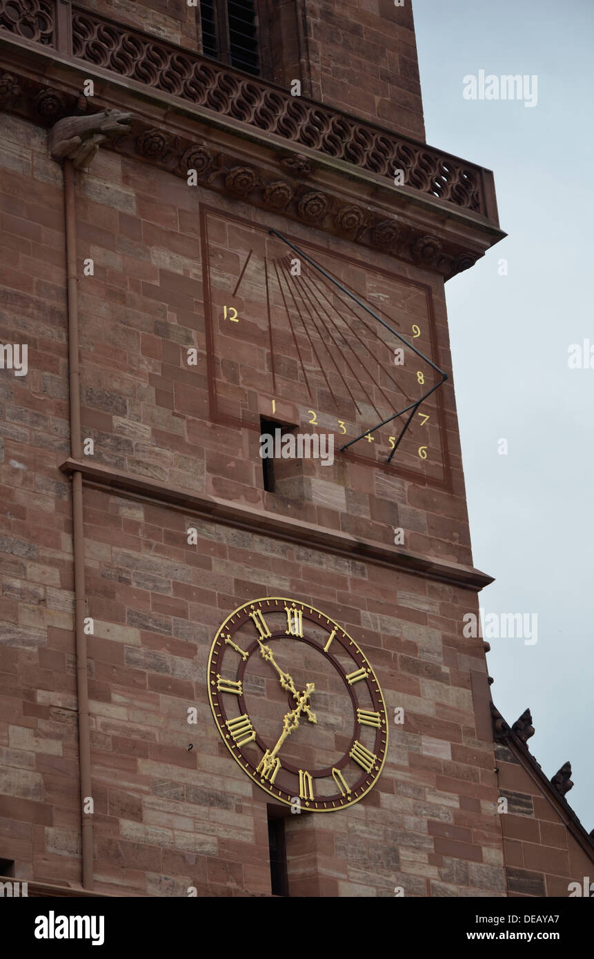 Sundial and Clock, Basel Cathedral, Munster, Switzerland. Europe Stock