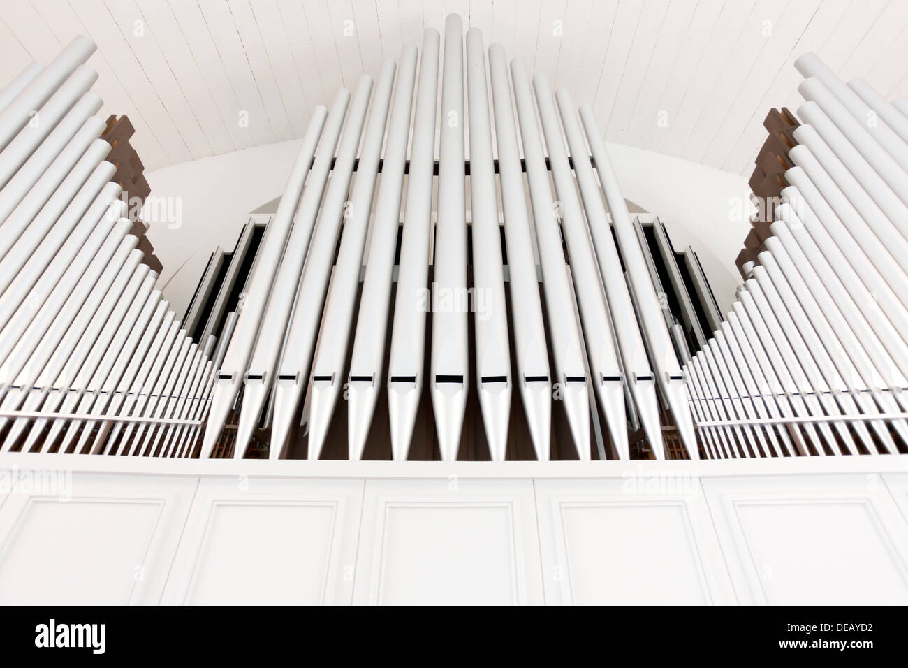 white church organ pipes Stock Photo