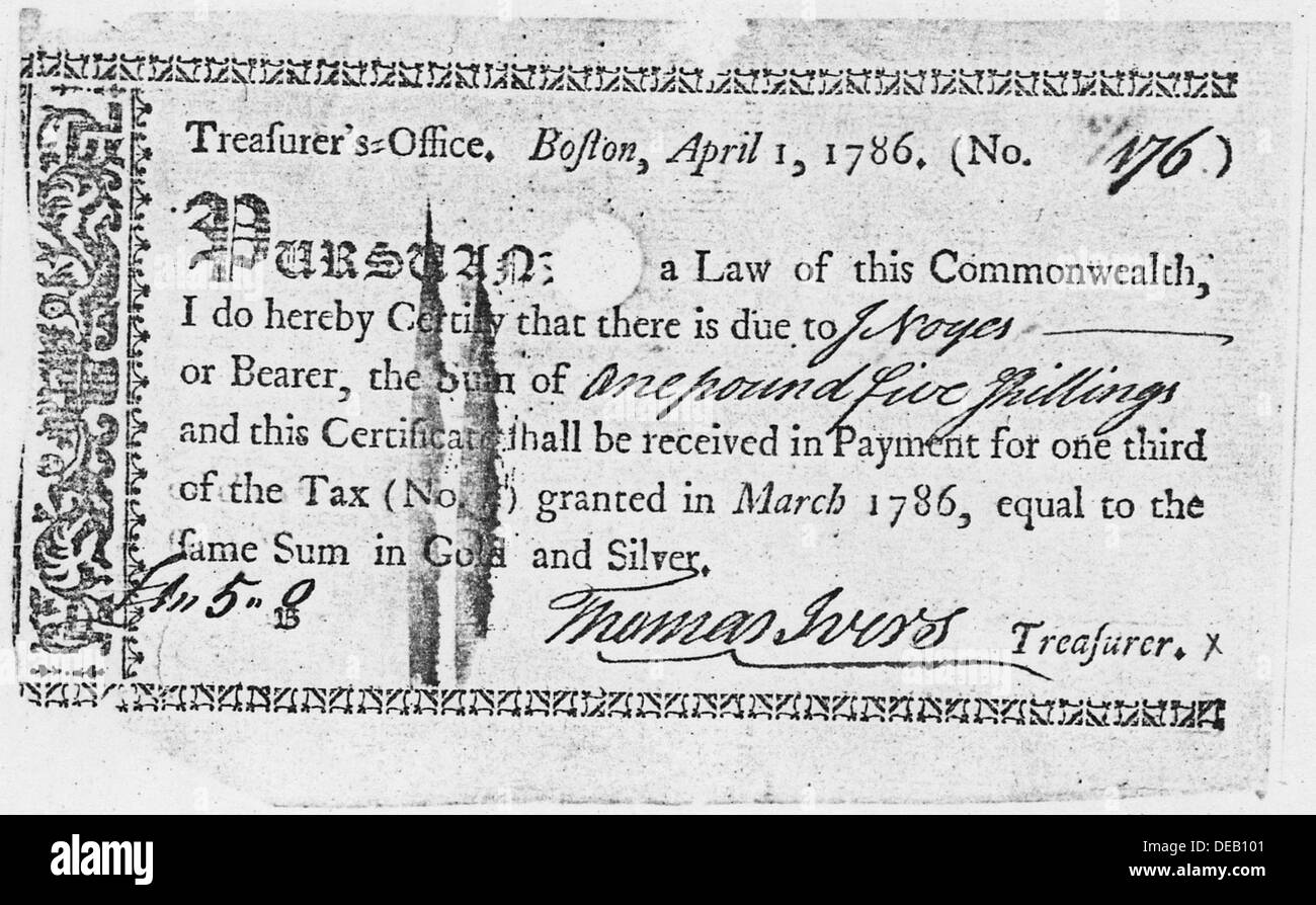 A Treasury Note issued by Thomas Ivers on April 1, 1786, reflecting early American currency practices and post-Revolutionary financial systems. Stock Photo
