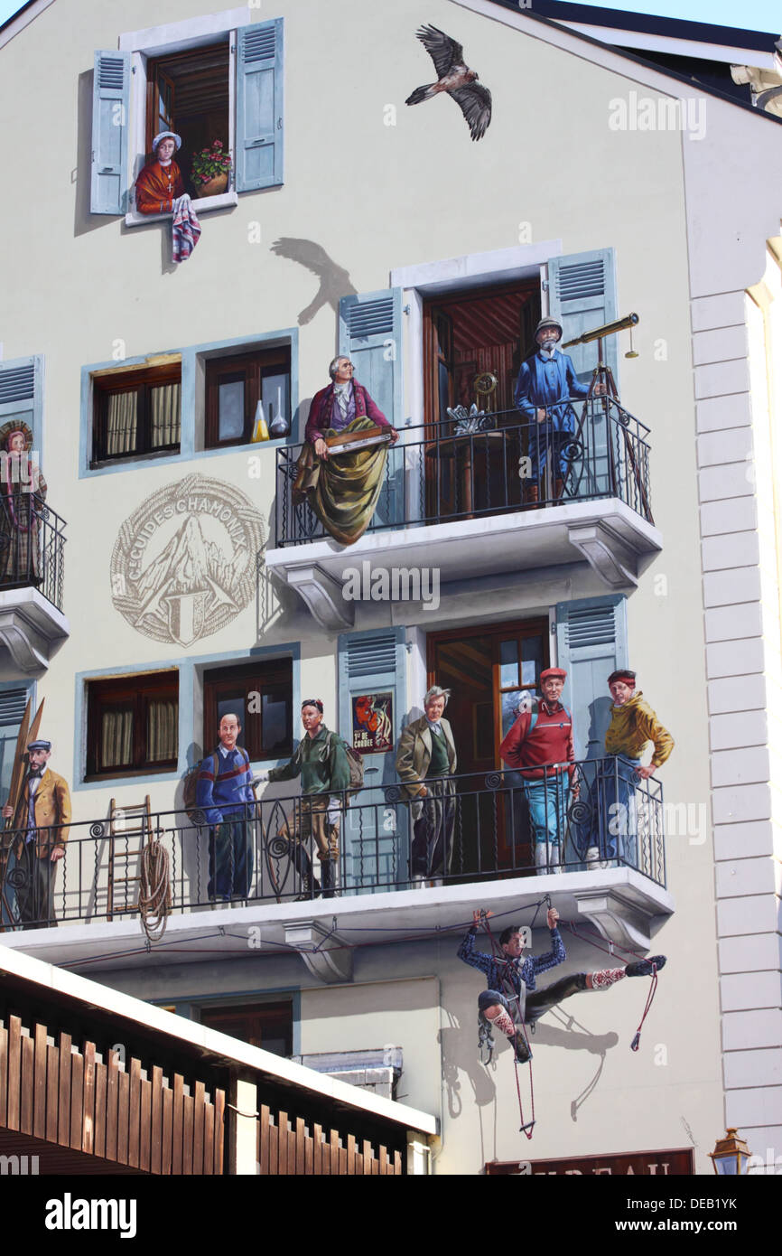 Mural on wall depicting mountain guides of Chamonix, France. Stock Photo