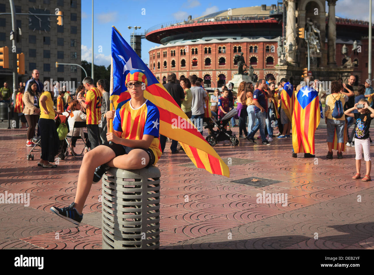 Boy with Catalonian Independence flag in the Catalan Way. Barcelona. Catalonia. Spain. 11th September 2013. Stock Photo