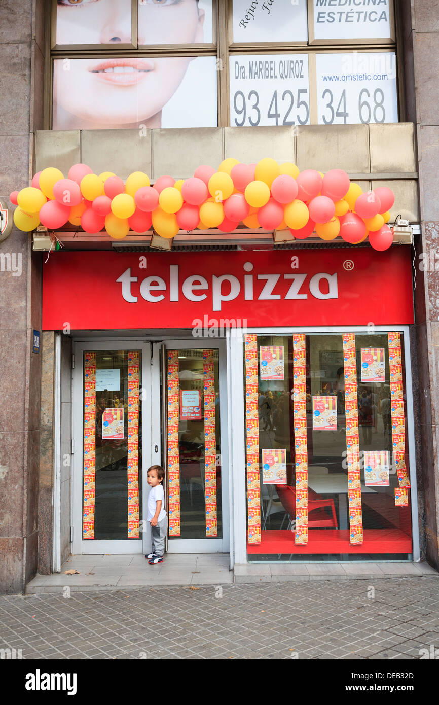 Catalan flag made of balloons on the door of a Telepizza restaurant. Barcelona. Catalonia. Spain. 11th September 2013. Stock Photo
