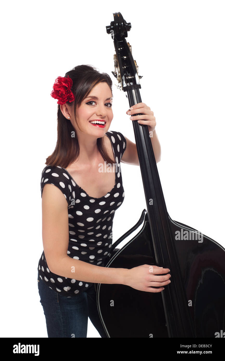 Happy Rockabilly Girl Playing a Stand-Up Bass Stock Photo