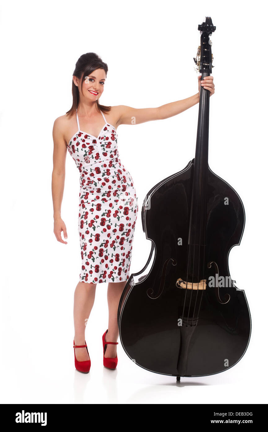 Beautiful Rockabilly Girl with Double Bass Stock Photo