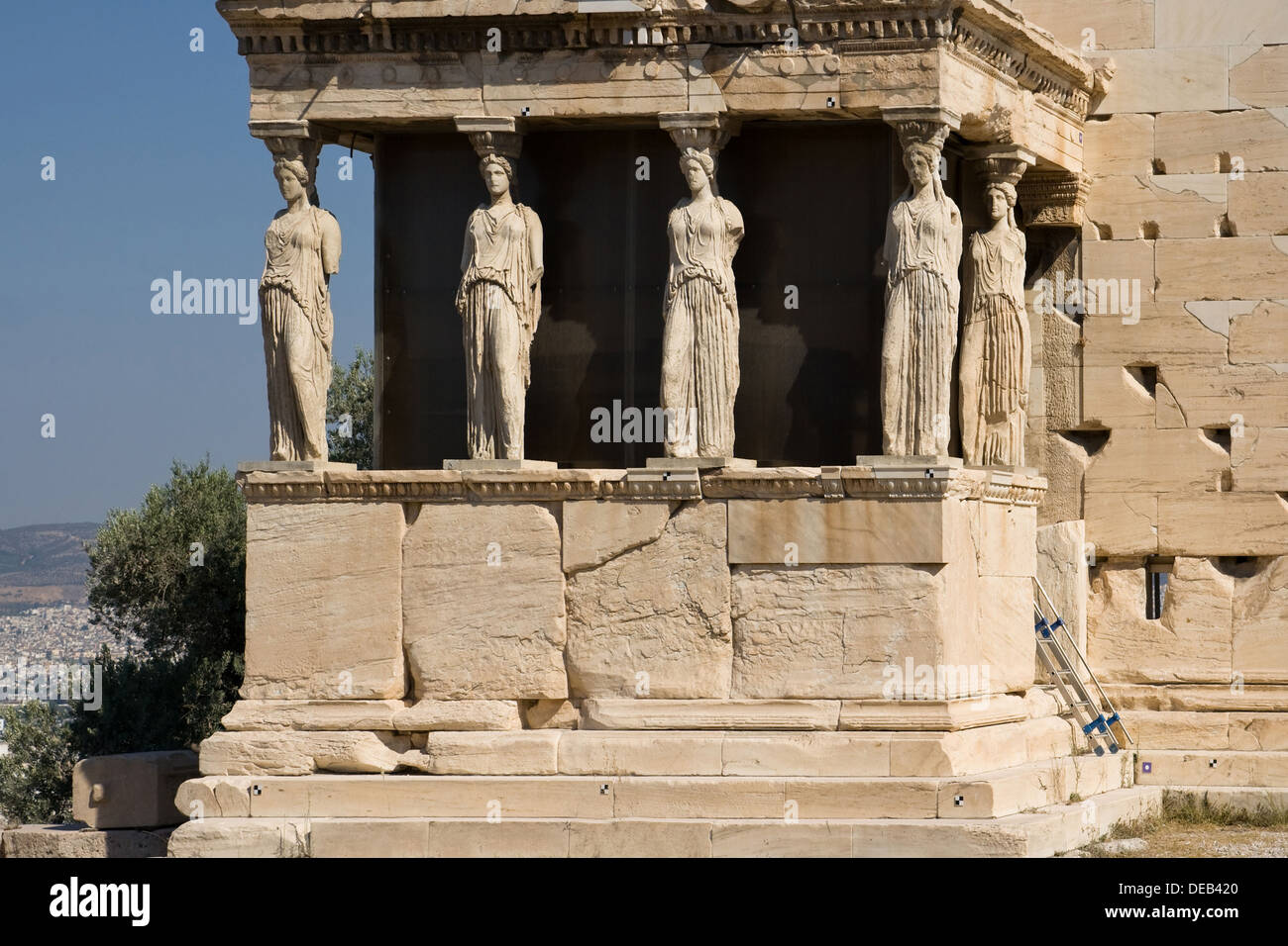 Porch of the Caryatids of the Erechthion temple at Acropolis, Athens, Greece. Stock Photo