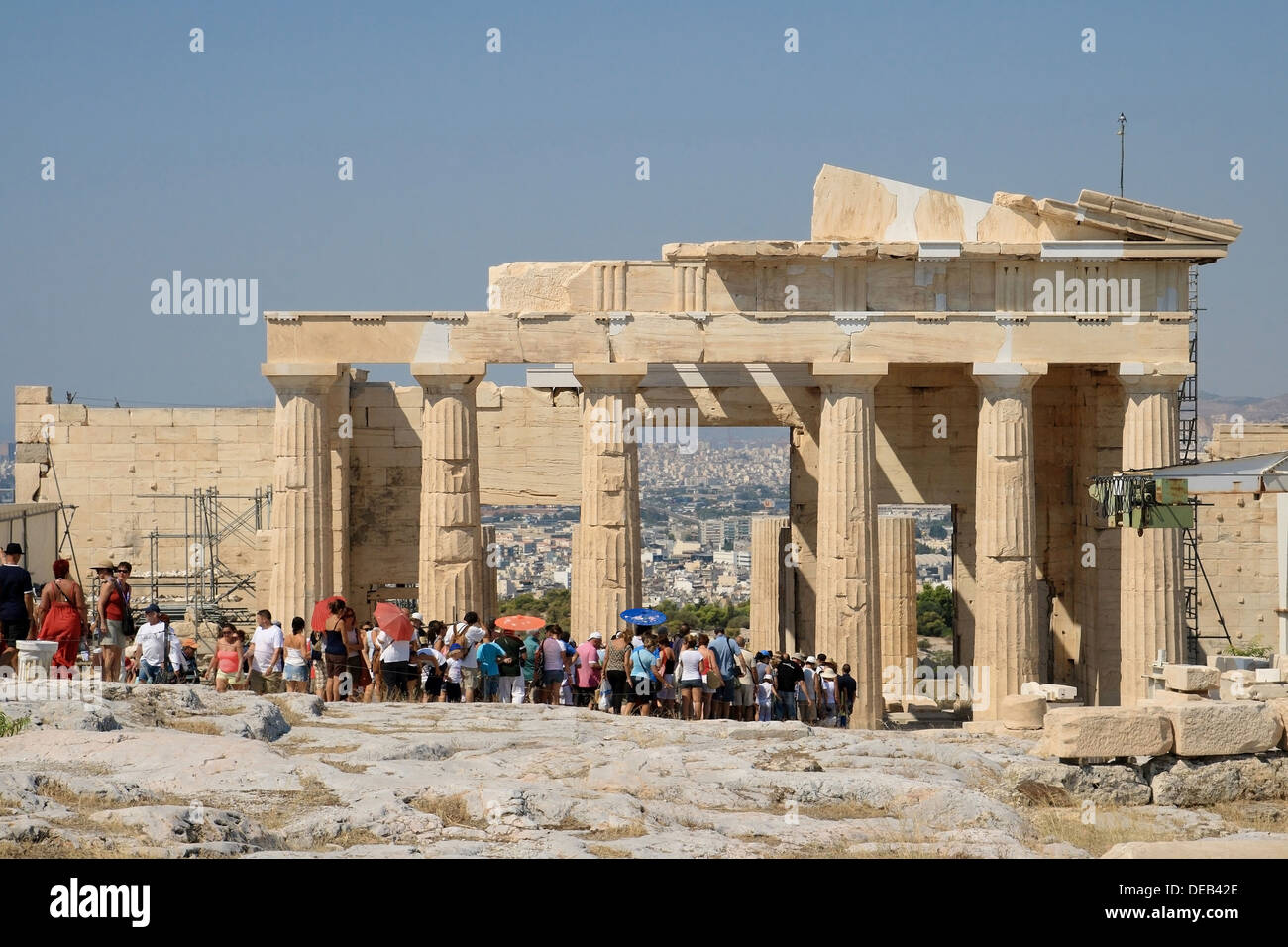 Crowds visiting the archaeological site of the Acropolis in Athens, Greece. Stock Photo
