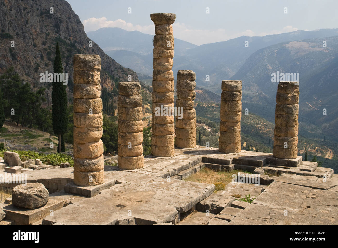 Columns of the Temple of Apollo at Delphi, Greece. Stock Photo