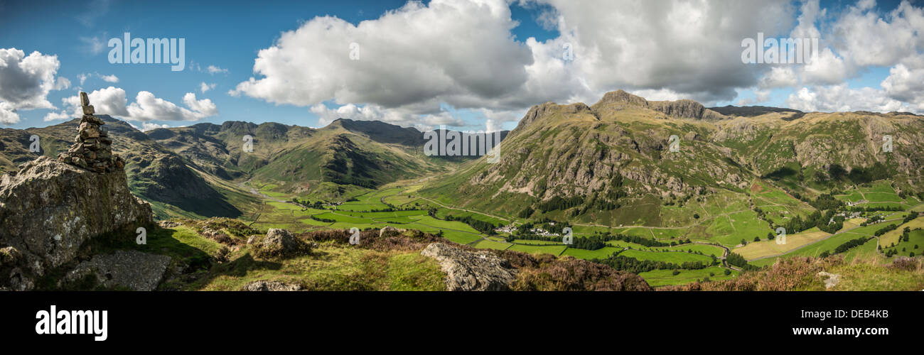 Langdale Pikes, Langdale Valley, Lake district, Cumbria, UK, Pike of Stickle, Loft Crag, Pavey Ark, Harrison Stickle, Panoramic Stock Photo