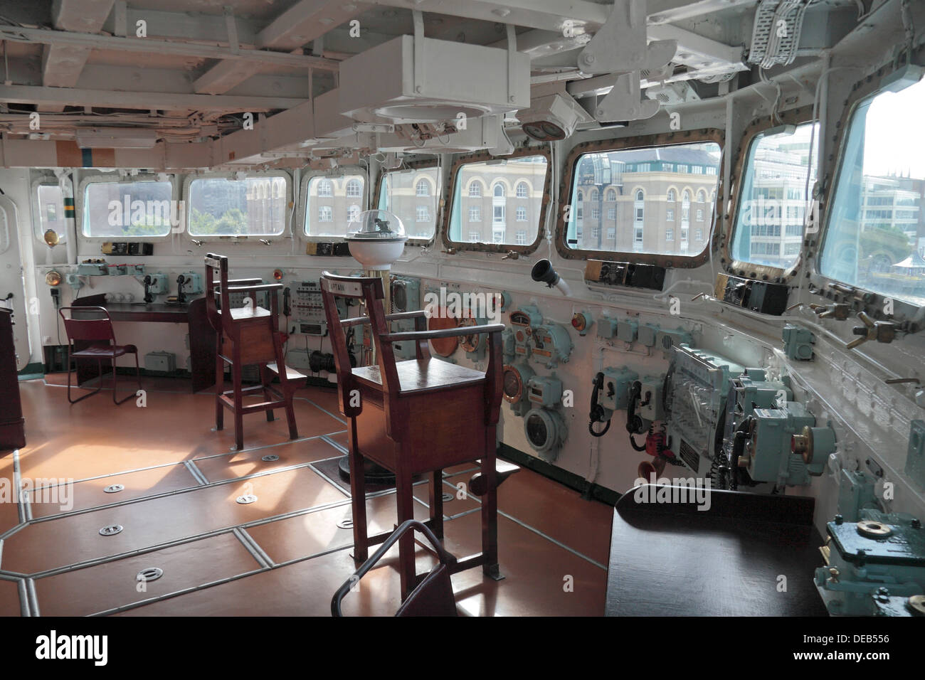 The Bridge on HMS Belfast, a Royal Navy light cruiser, moored on the River Thames, London, UK. Stock Photo