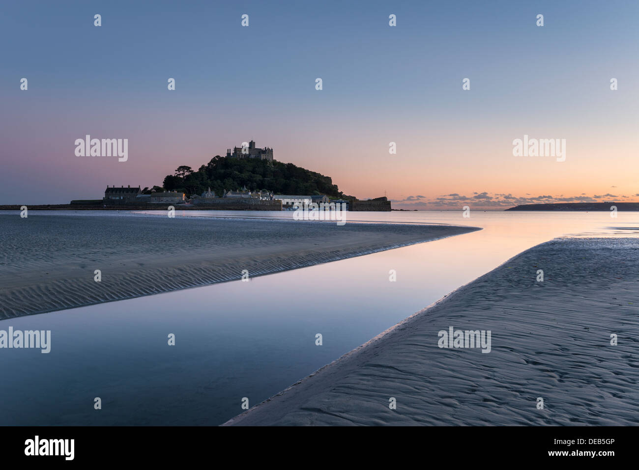 Dusk at St Michael's Mount off the shore at Marazion near Penzance in Cornwall Stock Photo