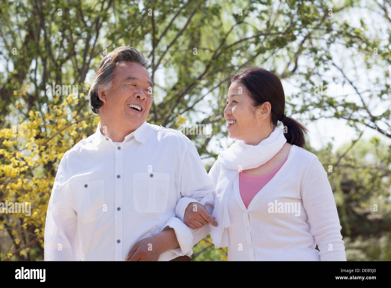 Happy senior couple holding hands and going for a walk in the park in ...