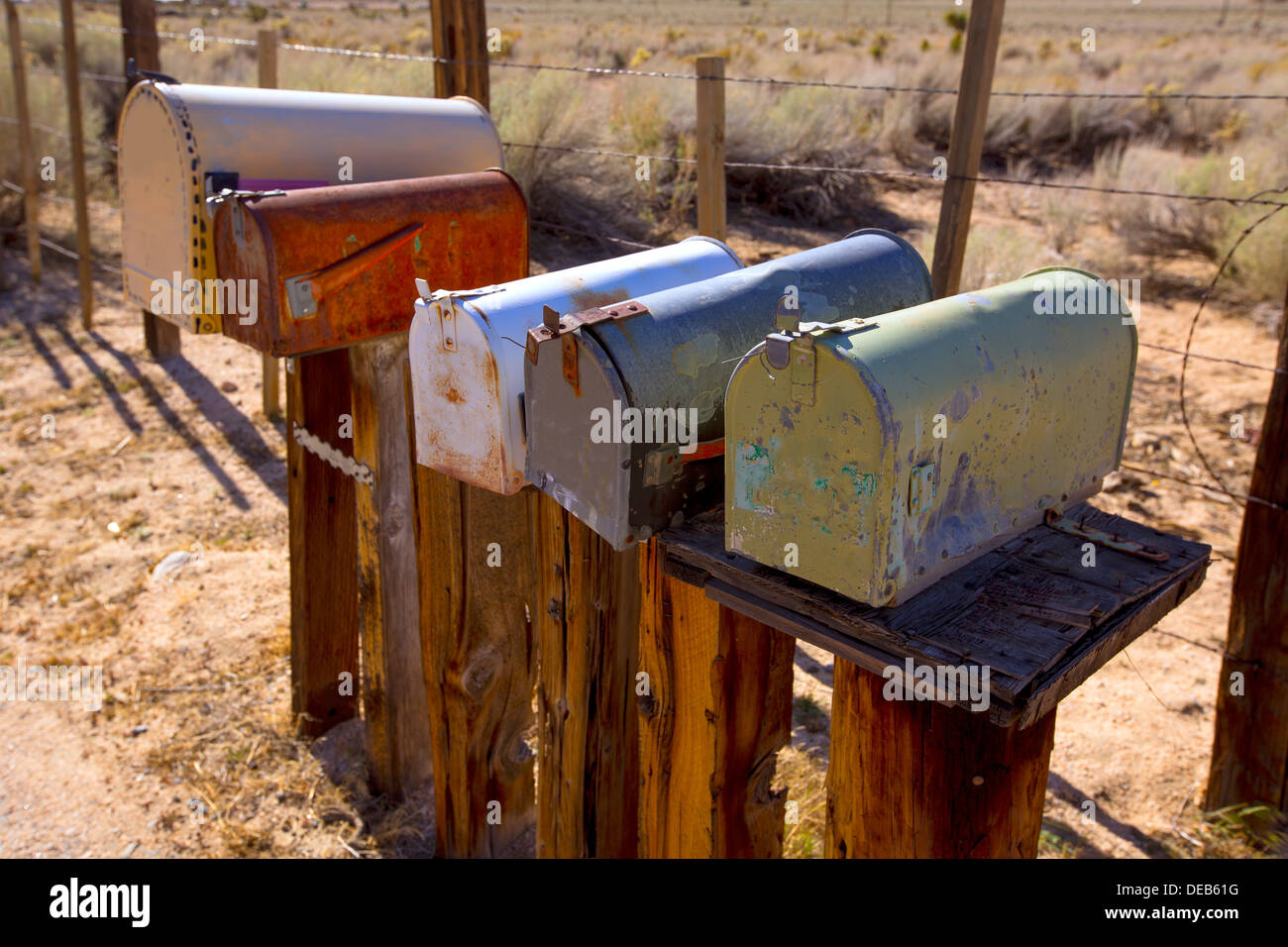 Mailboxes mail box aged vintage in west California desert Stock Photo