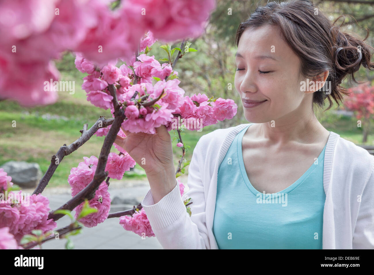 Woman smelling cherry blossoms with eyes closed Stock Photo - Alamy
