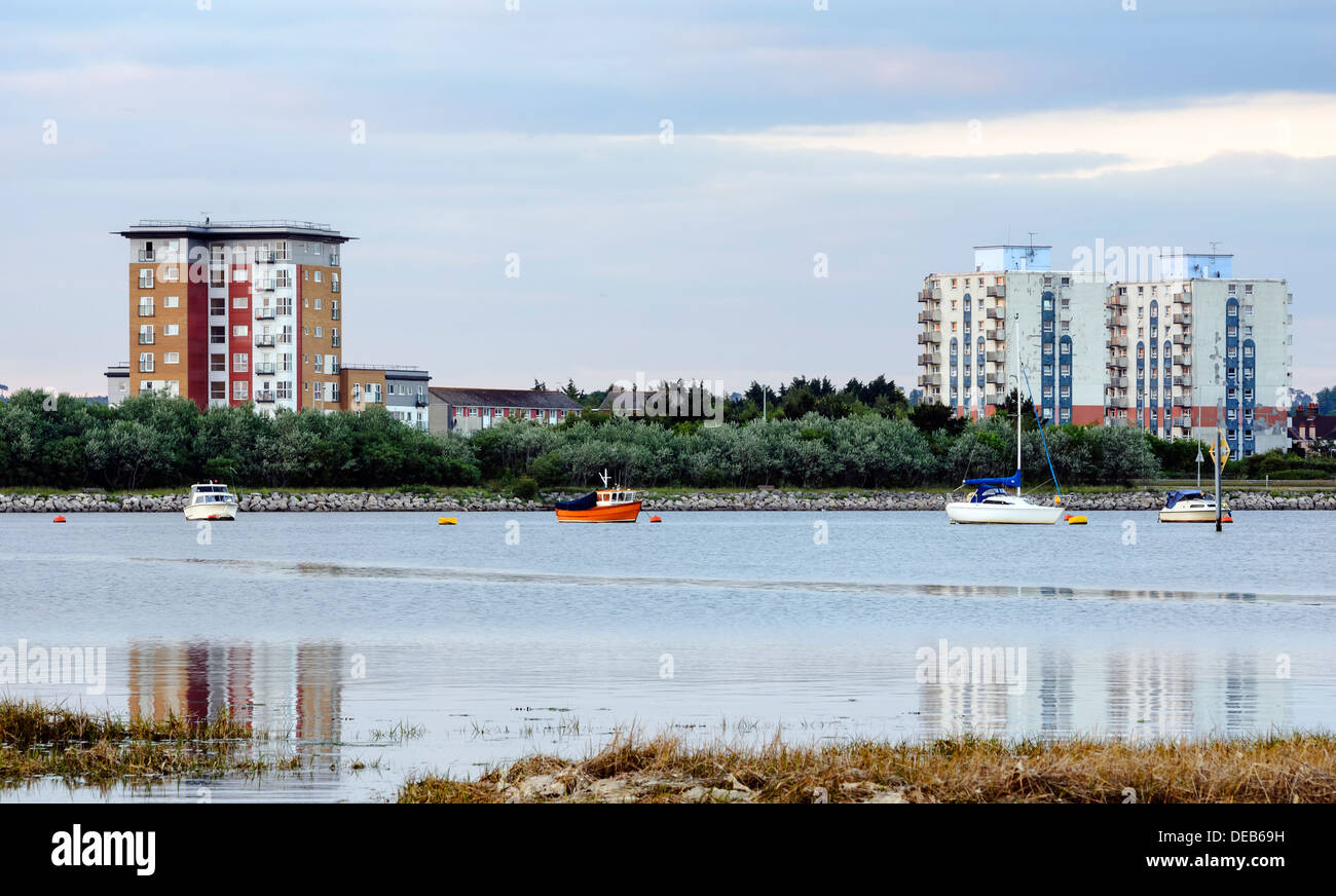 High rise flats on the shoreline of Poole Harbour in Dorset Stock Photo