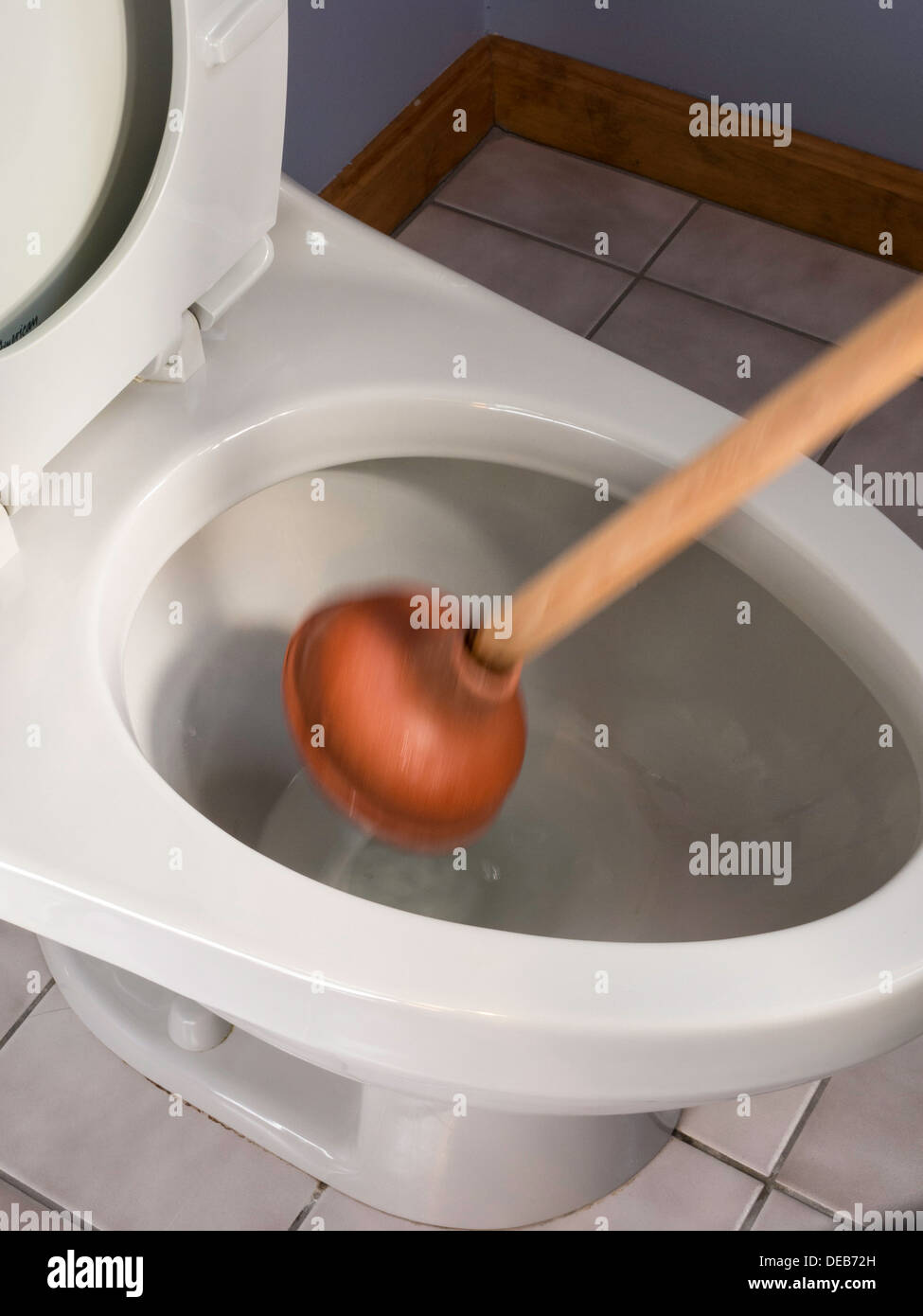 Plunger Unclogging Residential Toilet, USA Stock Photo