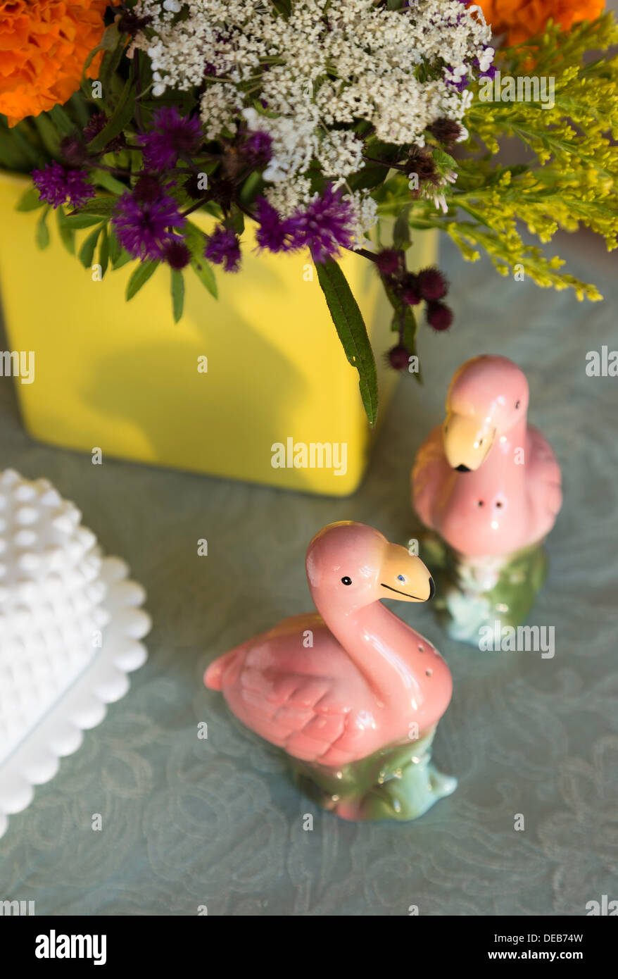 Still Life of Pink Flamingo Salt and Pepper Shakers, USA Stock Photo