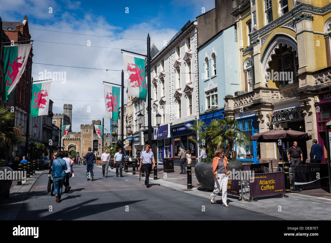 Pedestrianised St Mary's Street, looking towards the Castle, Cardiff city centre, August 2013, Wales UK Stock Photo