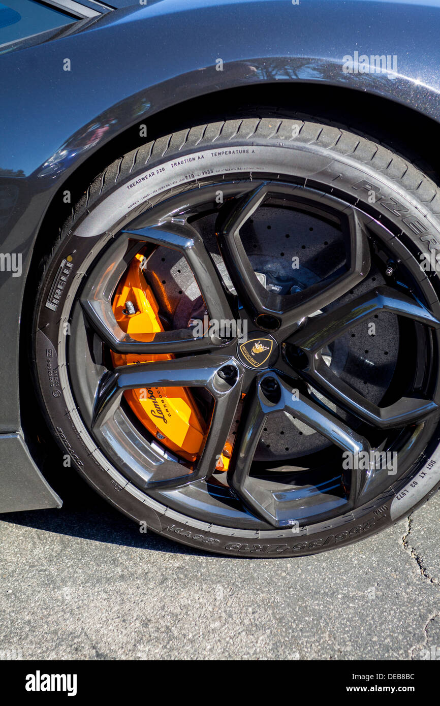 A front wheel, tire, brake rotor and caliper on a at Supercar Sunday in Woodland