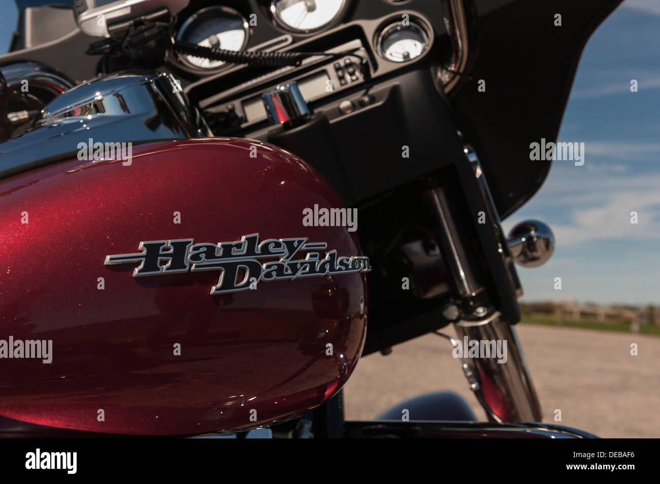 Harley Davidson Motorcycle Logo on the side of a 2012 Street Glide Touring Cycle Stock Photo