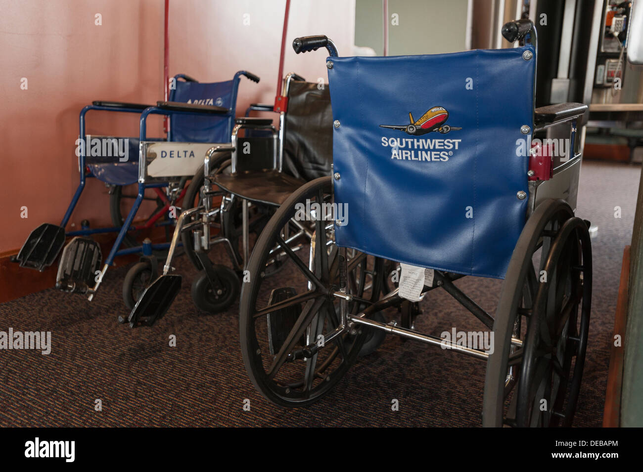 Southwest  Delta Airlines Wheel Chairs located in the Providence Rhode Island T F Green Airport Stock Photo