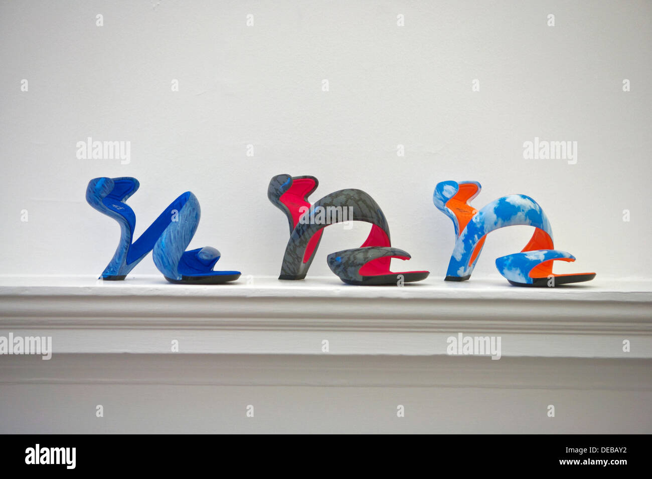 London Fashion Week at Somerset House: latest designs from emerging talent. Shoe designer Julian Hakes modern fashion shoes Stock Photo