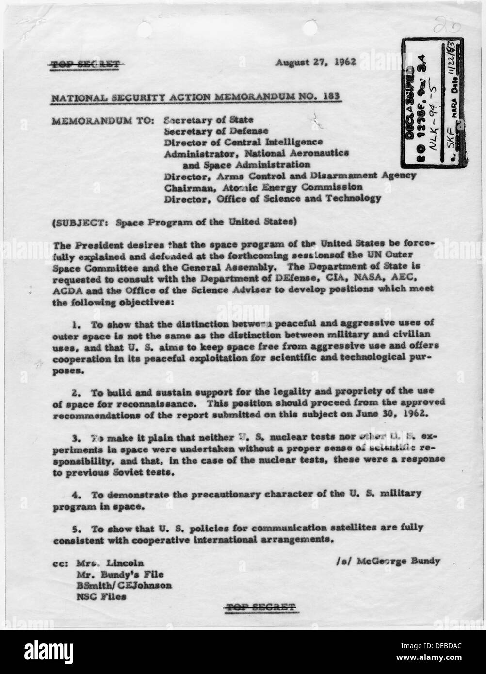 National Security Action Memorandum No. 183 Space Program for the United States 193568 Stock Photo