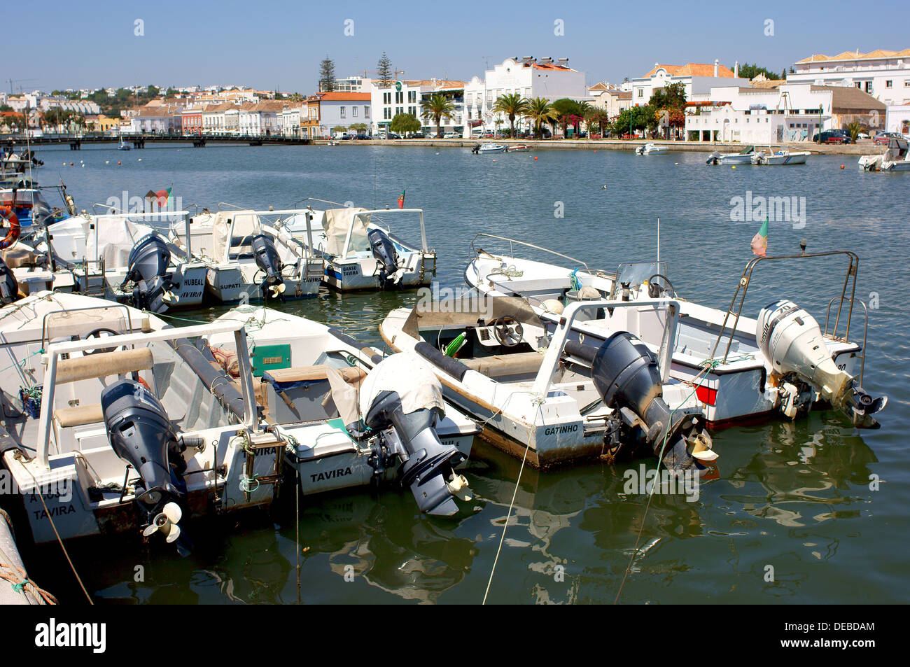 Motor boats on the River Rio Gilao Tavira Algarve Portugal Stock Photo
