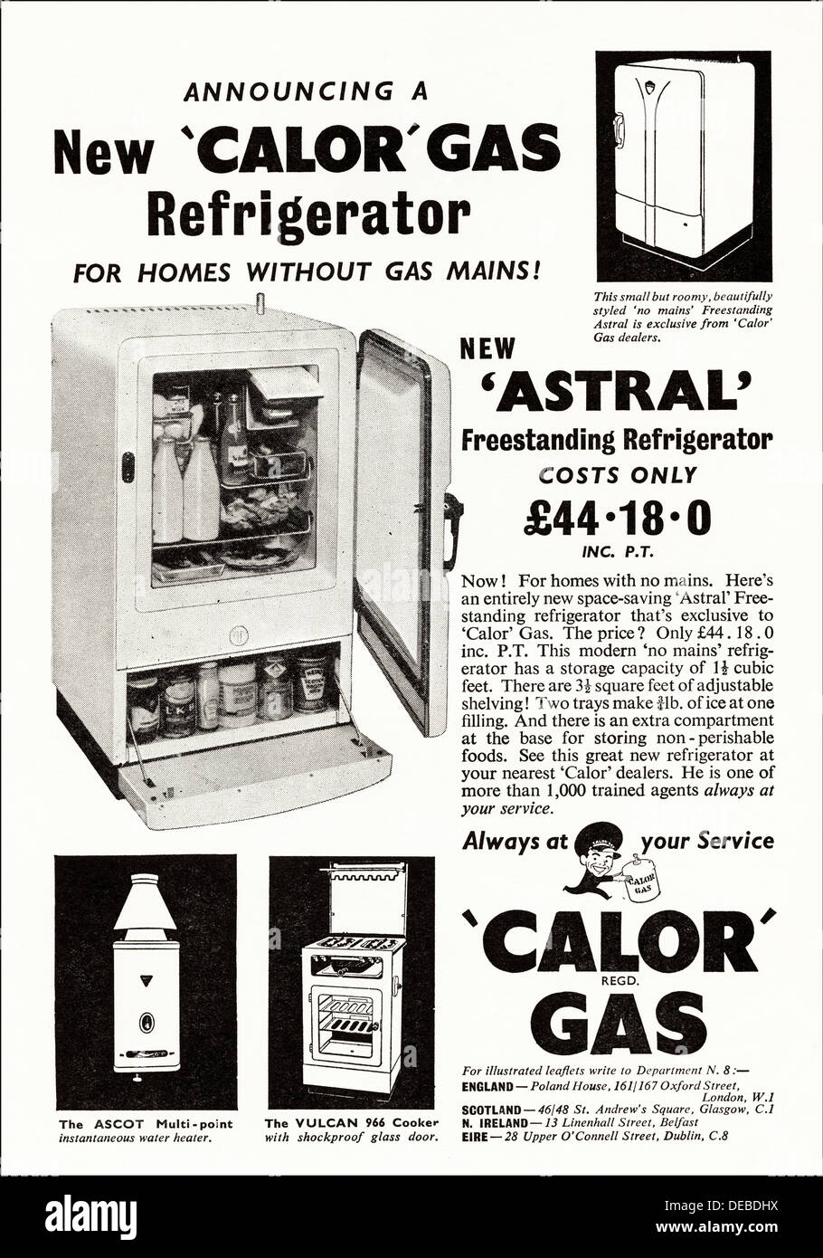 Advertisement advertising CALOR GAS REFRIGERATOR magazine advert circa 1954 Stock Photo
