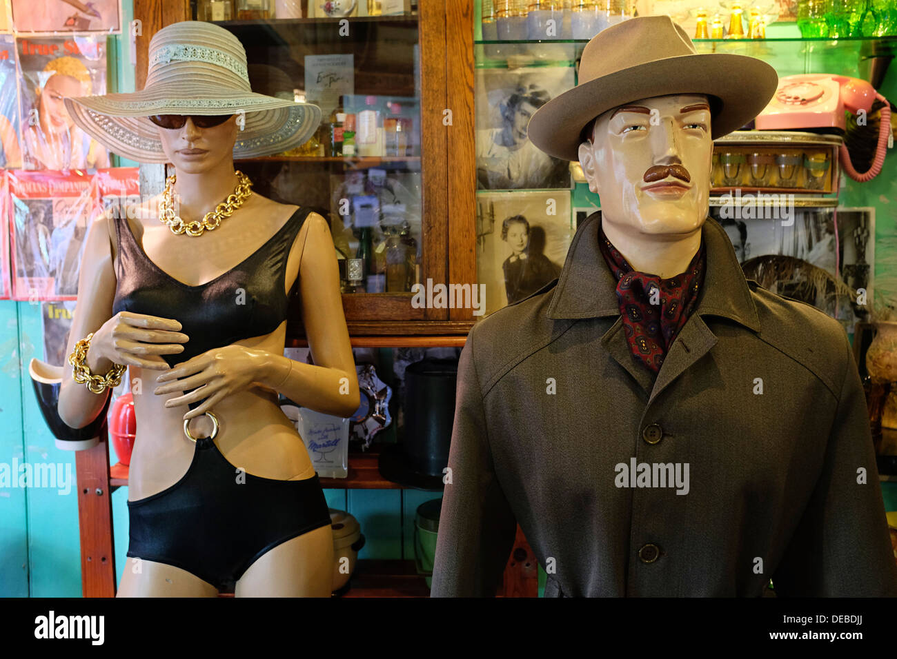 Mannequins in vintage clothing shop, London UK Stock Photo