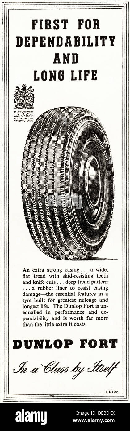 Advertisement advertising DUNLOP car tyres magazine advert circa 1954 by royal appointment to King George VI Stock Photo