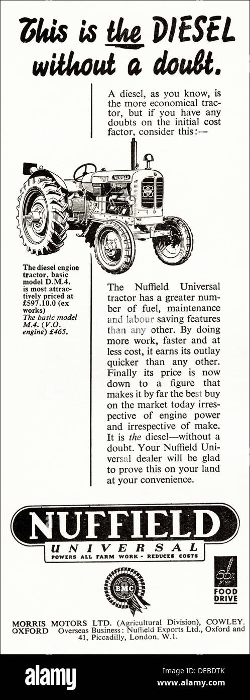 Advertisement advertising NUFFIELD UNIVERSAL tractor by MORRIS MOTORS Limited of Cowley Oxford England UK magazine advert circa 1954 Stock Photo
