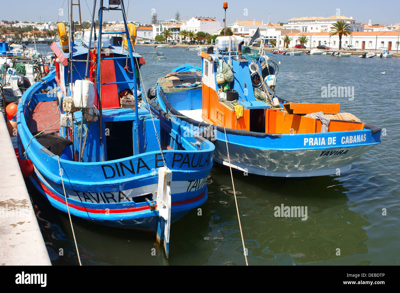 Colorful fishing boats on the River Rio Sequa Tavira Algarve Portugal Stock Photo